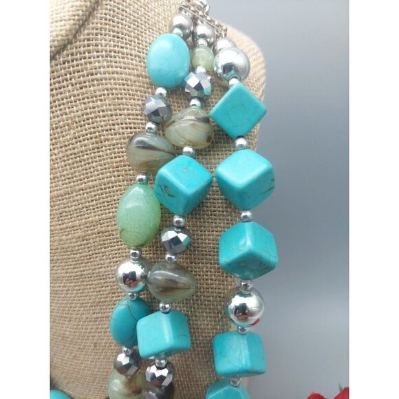 Silver Tone Faux Turquoise Statement Necklace Multi Strand Beaded Collar 21" - Picture 7 of 11